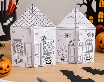 Halloween House Craft Cards 2 Designs, Standing Paper Houses, Cut Paste Coloring Activity PDF A4, Instant Download Decor for Kids