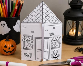 Halloween House Craft Card for Kids, Standing Paper House, Cut Paste Coloring Activity PDF A4, Instant Download