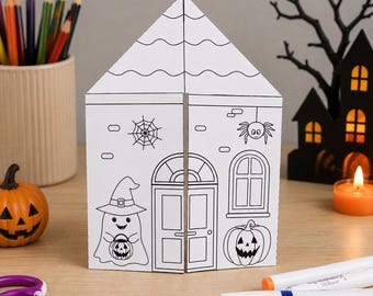 Halloween House Craft Card, Standing Paper House, Cut Paste Coloring Activity PDF A4, Instant Download Decor for Kids