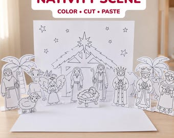 Printable Nativity Scene for Kids, 3D Christmas Paper Craft, Color, Cut & Assemble, A4 PDF,  Sunday School Activity