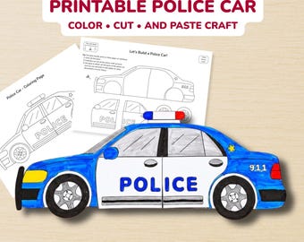 Police Car Craft Printable Build A Car PDF, Cut-Paste Coloring Page Kids Activity, A4 Instant Download