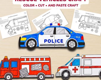 Emergency Vehicles Craft Bundle, Police Car, Fire Truck & Ambulance, Build Paper Vehicles, Color, Cut, Glue Activity, Kids PDF