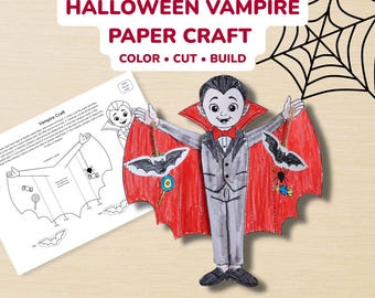 Halloween Vampire Paper Craft for Kids, Printable 3D Coloring Cut and Paste Activity