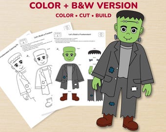 Frankenstein Craft Printable | Halloween Cut and Paste Activity | Color and Black White Monster Pages | Preschool  PDF