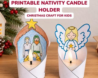Printable Christmas Nativity Candle Holder Craft for Kids | Angel & Holy Family | Coloring Activity | A4 PDF | Sunday School