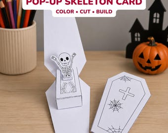 Coffin Pop-Up Card for Kids, Halloween Printable 3D Paper Craft, Coloring Activity, DIY Greeting Card, A4 PDF