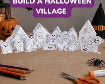 Halloween Village Craft Printable, Haunted House Paper Craft, 3D Halloween Houses, Color Cut Build Activity, Kids PDF