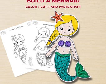 Mermaid Craft Printable, Build a Mermaid Activity, Kids Color Cut and Glue Project, Under the Sea Coloring Page, Ocean PDF