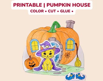 3D Halloween Diorama Printable | Pumpkin House Witch Cat Craft for Kids | Cut and Color A4 PDF Instant Download