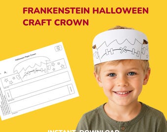 Frankenstein Halloween Crown, Printable Coloring Craft, Kids Cut and Paste Headband, Party Activity, Monster Craft