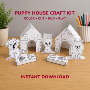Kit de manualidades para casita de cachorros en PDF, casita de perro de papel 3D tamaño A4, actividad de juego de imitación para niños con recorte, plegado y color, descarga instantánea e imprimible.
