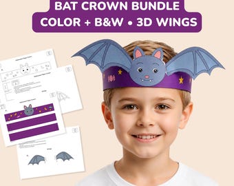 Bat Halloween Crown Printable Bundle for Kids, 3D Wings Hat Headband, Coloring + Pre‑Colored A4 Craft PDF, Cut and Play Fall Party Activity