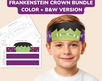Frankenstein Halloween Crown Printable Bundle for Kids, Coloring + Pre‑Colored Hat Headband, A4 Craft PDF, Cut and Play Fall Party Activity