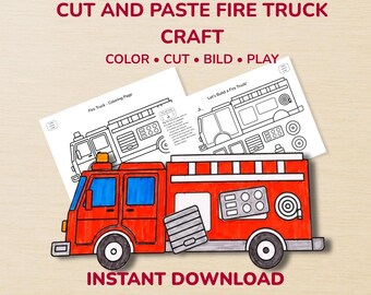 Fire Truck Craft Printable | Let's Build Paper Vehicle Activity for Kids | Color Cut Assemble | Construction Toy PDF Instant Download
