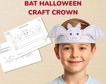 Bat Halloween Crown, Headband Printable Craft, 3D Wings Kids, Coloring Cut Paste DIY, Paper Costume Activity, PDF A4