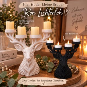 May include: Two deer-shaped candle holders, one large cream-colored piece for pillar candles up to 5 cm in diameter and one smaller black piece for tea lights. Both feature detailed antler designs and textured fur patterns on the deer heads.