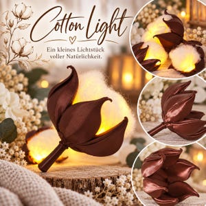 Könnte beinhalten: Eine dekorative Baumwollblüten-Leuchte mit einer dunkelbraunen, satinierten Hülle, die einen weichen, leuchtend weißen Baumwollkern umschließt. Der Text Cotton Light und Ein kleines Lichtstück voller Natürlichkeit ist im Bild zu sehen.