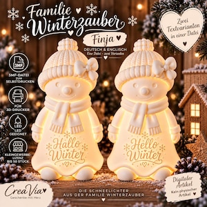 May include: Two white 3D-printable snowman figurines with knit-textured hats, bows, and scarves. One features the text 'Hallo Winter' and the other 'Hello Winter'. These digital files are designed for 3D printing and are compatible with LED lights.