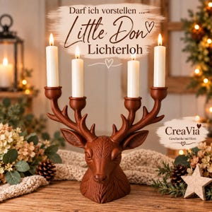 Little Don Lichterloh – Hirsch Kerzenhalter STL & 3MF | 4 Stabkerzen bis Ø 22 mm | Adventsdeko | 3D-Druckdatei