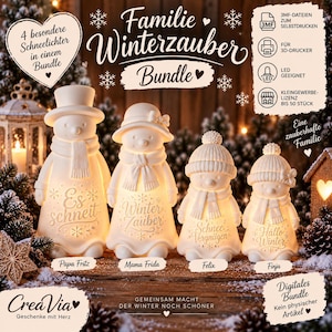 Könnte beinhalten: Ein digitales Bundle aus vier 3D-druckbaren Schneemann-Lichtern namens Papa Fritz, Mama Frida, Felix und Finja. Jede Figur ist mit winterlichen Schriftzügen und Schneeflocken verziert. Das Set enthält 3MF-Dateien für den 3D-Druck.