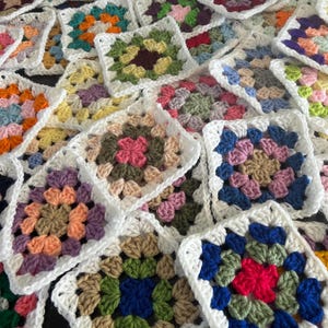 10 Hand Crocheted Acrylic Yarn 4 3/4" Granny Square Blocks For Afghans Mixed Colors White Border image 3