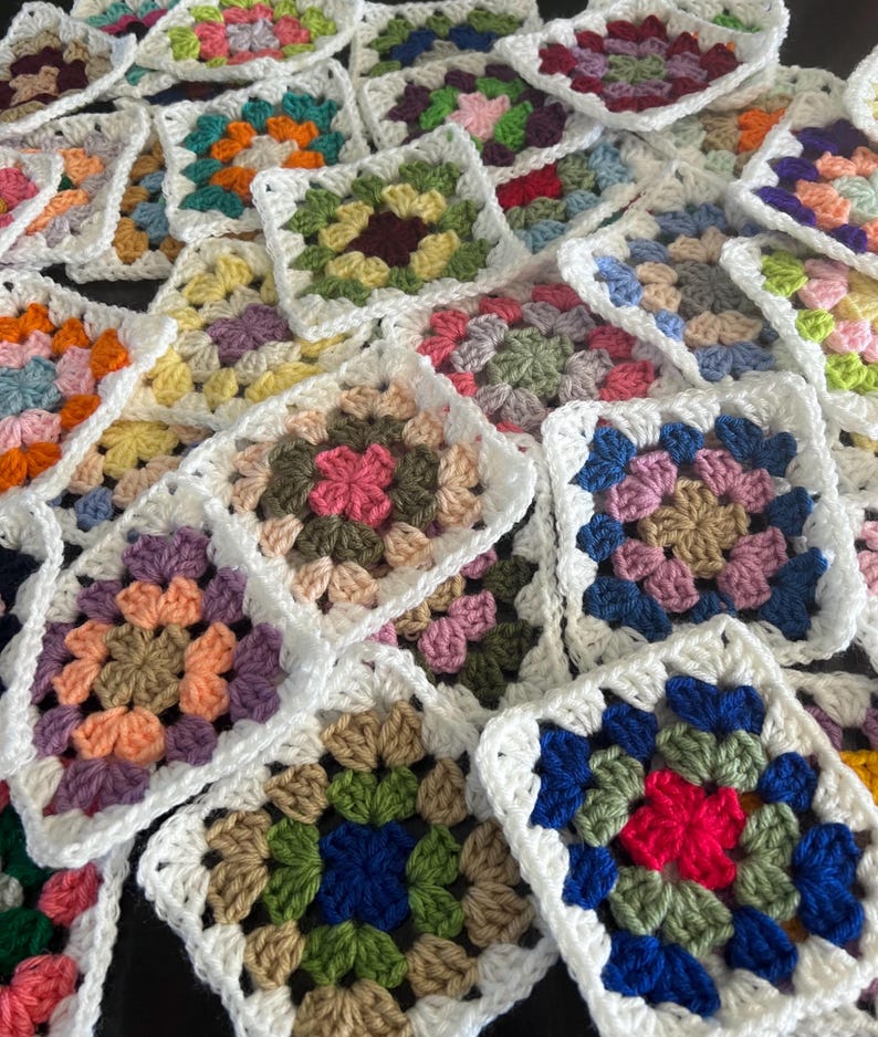 10 Hand Crocheted Acrylic Yarn 4 3/4" Granny Square Blocks For Afghans Mixed Colors White Border image 3