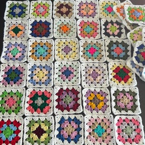 10 Hand Crocheted Acrylic Yarn 4 3/4" Granny Square Blocks For Afghans Mixed Colors White Border image 4
