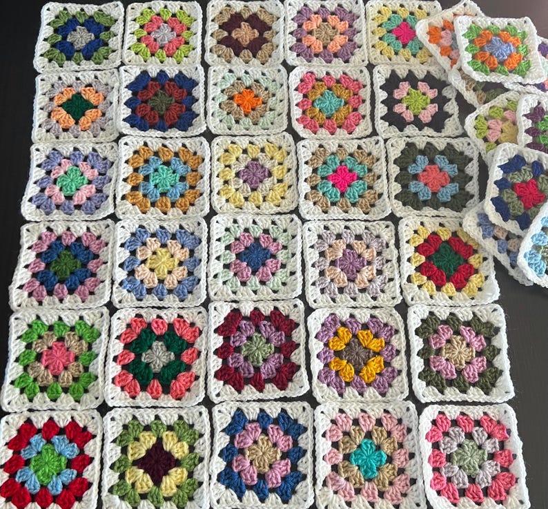 10 Hand Crocheted Acrylic Yarn 4 3/4" Granny Square Blocks For Afghans Mixed Colors White Border image 4