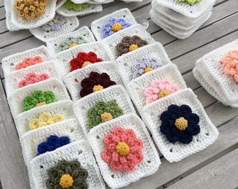 10 Hand Crocheted Acrylic Yarn 4 3/4" Granny Square Blocks For Afghans Mixed Colors White Border