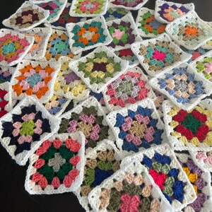 10 Hand Crocheted Acrylic Yarn 4 3/4" Granny Square Blocks For Afghans Mixed Colors White Border image 9