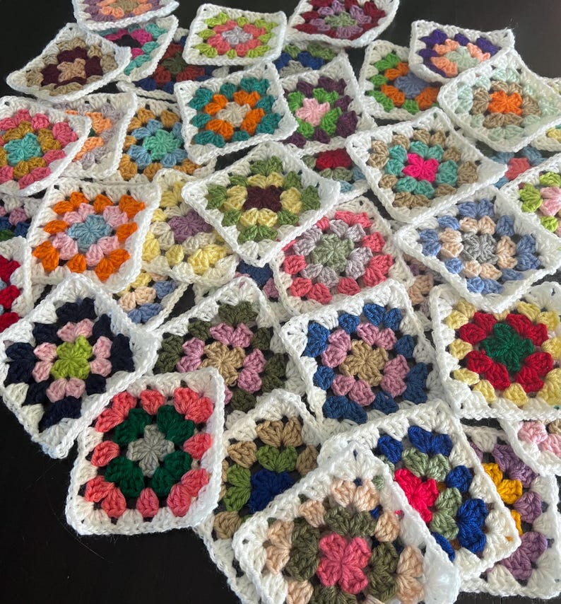 10 Hand Crocheted Acrylic Yarn 4 3/4" Granny Square Blocks For Afghans Mixed Colors White Border image 9