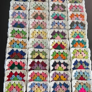 10 Hand Crocheted Acrylic Yarn 4 3/4" Granny Square Blocks For Afghans Mixed Colors White Border image 7