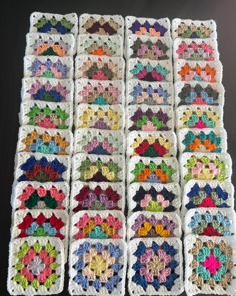 10 Hand Crocheted Acrylic Yarn 4 3/4" Granny Square Blocks For Afghans Mixed Colors White Border image 7