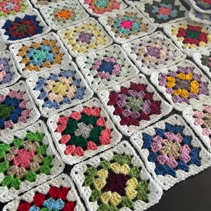 10 Hand Crocheted Acrylic Yarn 4 3/4" Granny Square Blocks For Afghans Mixed Colors White Border image 5