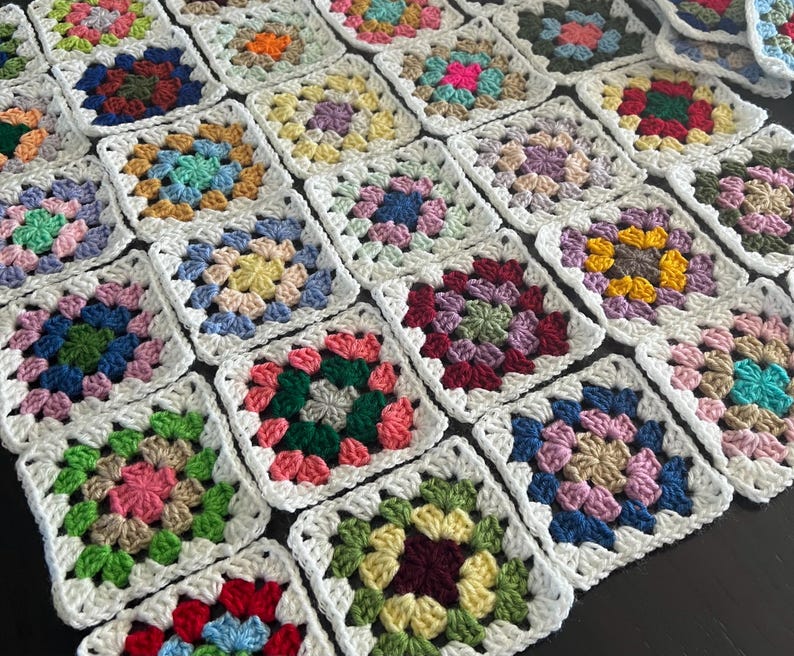 10 Hand Crocheted Acrylic Yarn 4 3/4" Granny Square Blocks For Afghans Mixed Colors White Border image 5