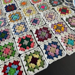 10 Hand Crocheted Acrylic Yarn 4 3/4" Granny Square Blocks For Afghans Mixed Colors White Border image 6