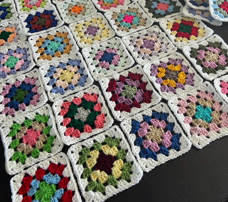 10 Hand Crocheted Acrylic Yarn 4 3/4" Granny Square Blocks For Afghans Mixed Colors White Border image 6