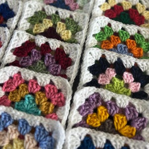 10 Hand Crocheted Acrylic Yarn 4 3/4" Granny Square Blocks For Afghans Mixed Colors White Border image 2