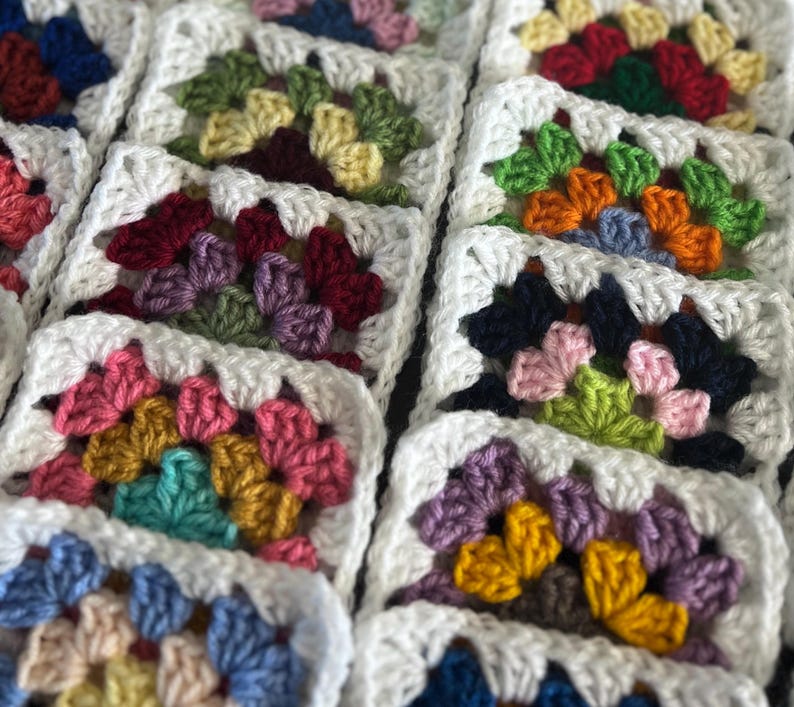 10 Hand Crocheted Acrylic Yarn 4 3/4" Granny Square Blocks For Afghans Mixed Colors White Border image 2