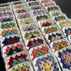 10 Hand Crocheted Acrylic Yarn 4 3/4" Granny Square Blocks For Afghans Mixed Colors White Border image 10