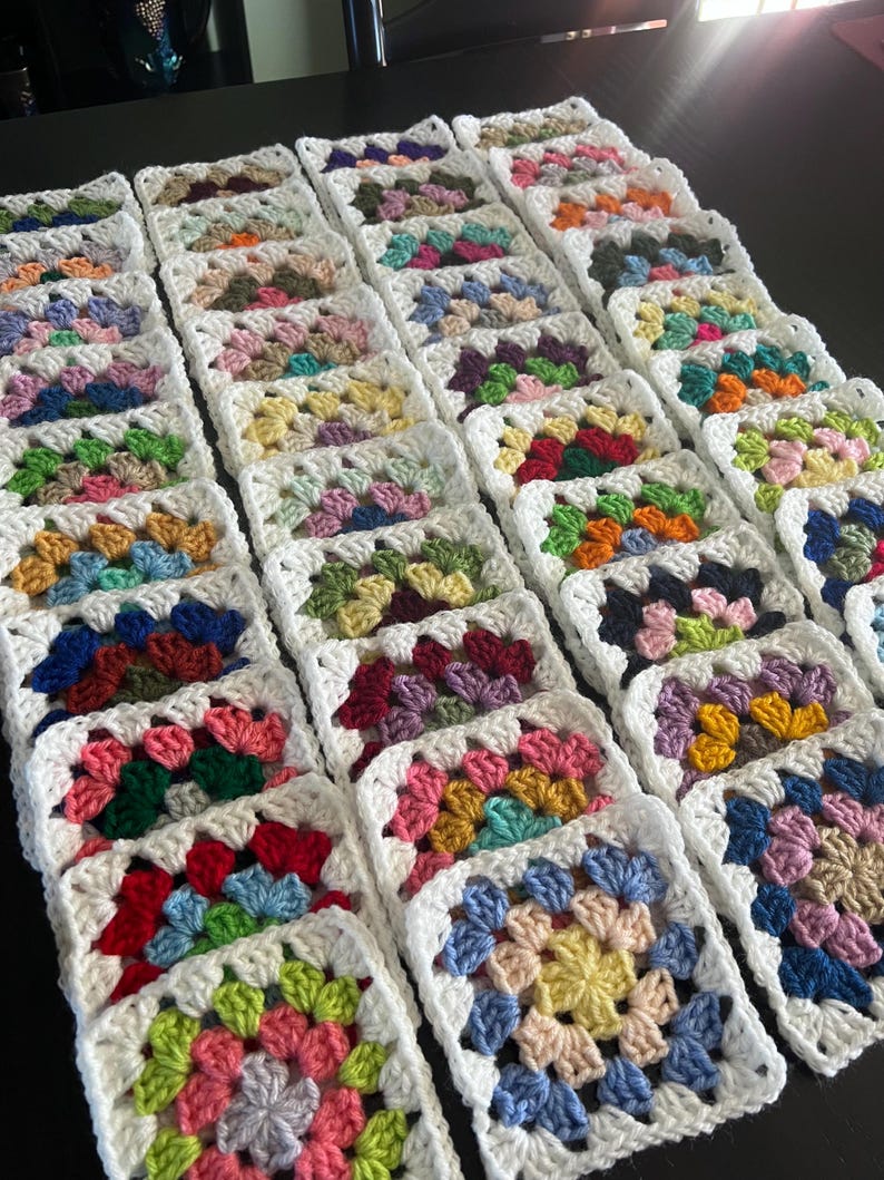 10 Hand Crocheted Acrylic Yarn 4 3/4" Granny Square Blocks For Afghans Mixed Colors White Border image 10