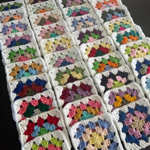 10 Hand Crocheted Acrylic Yarn 4 3/4" Granny Square Blocks For Afghans Mixed Colors White Border image 11