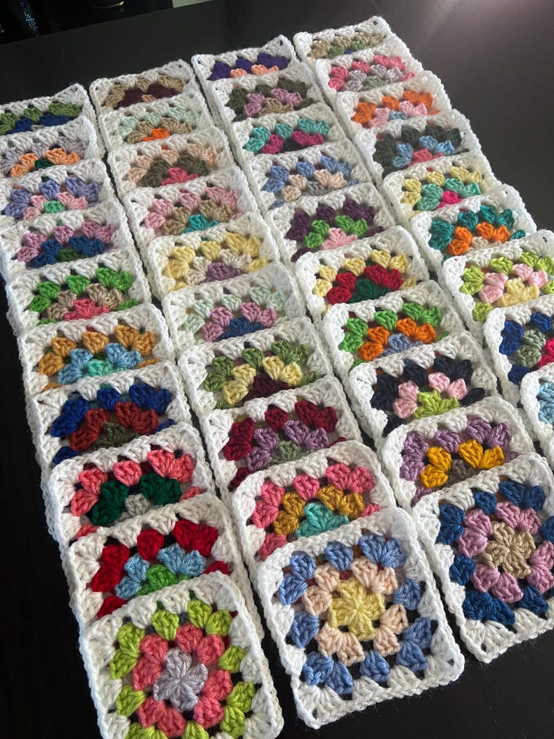 10 Hand Crocheted Acrylic Yarn 4 3/4" Granny Square Blocks For Afghans Mixed Colors White Border image 11