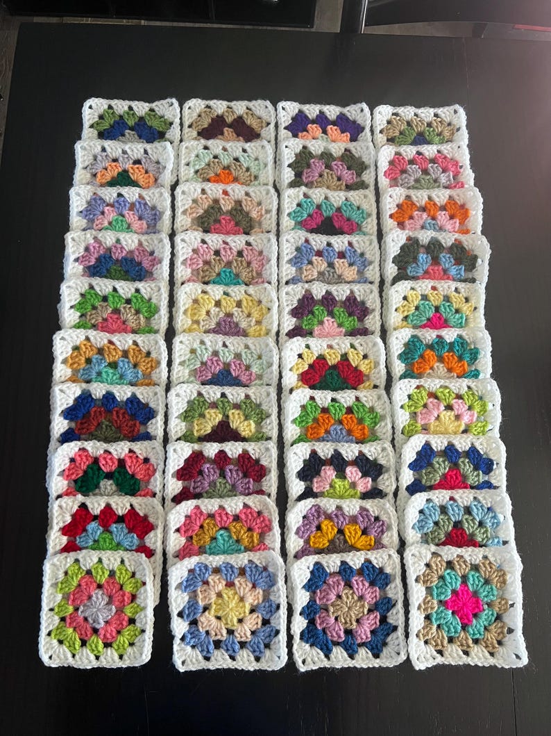 10 Hand Crocheted Acrylic Yarn 4 3/4" Granny Square Blocks For Afghans Mixed Colors White Border image 1