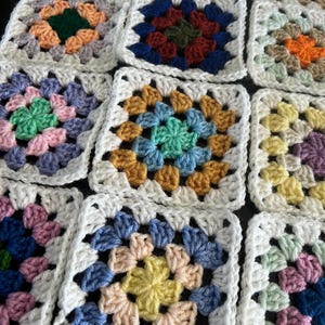 10 Hand Crocheted Acrylic Yarn 4 3/4" Granny Square Blocks For Afghans Mixed Colors White Border image 8