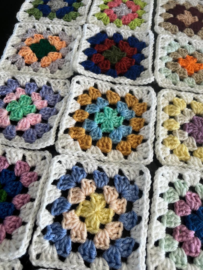 10 Hand Crocheted Acrylic Yarn 4 3/4" Granny Square Blocks For Afghans Mixed Colors White Border image 8