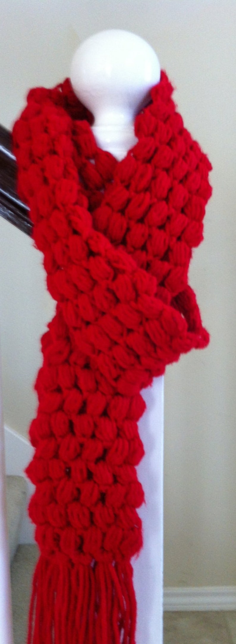 Crochet Red scarf puff stitch Ready to Ship Free Shipping Gift Under 50 Winter Accessory image 2