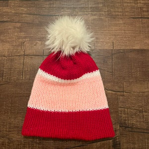 Handmade Knitted Beanie Hat Red White and Pink with Faux Fur Pom Pom Removable Pom Pom Gift Free Shipping Free Shipping Gift Birthday image 2