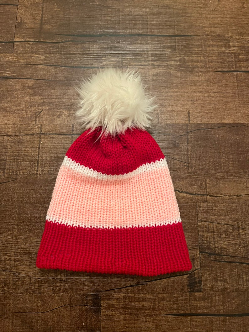 Handmade Knitted Beanie Hat Red White and Pink with Faux Fur Pom Pom Removable Pom Pom Gift Free Shipping Free Shipping Gift Birthday image 2