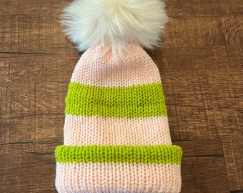 Handmade Knitted Beanie Hat Pink and Green with Faux Fur Pom Pom Removable Pom Pom| Gift | Free Shipping Free Shipping | Gift Birthday